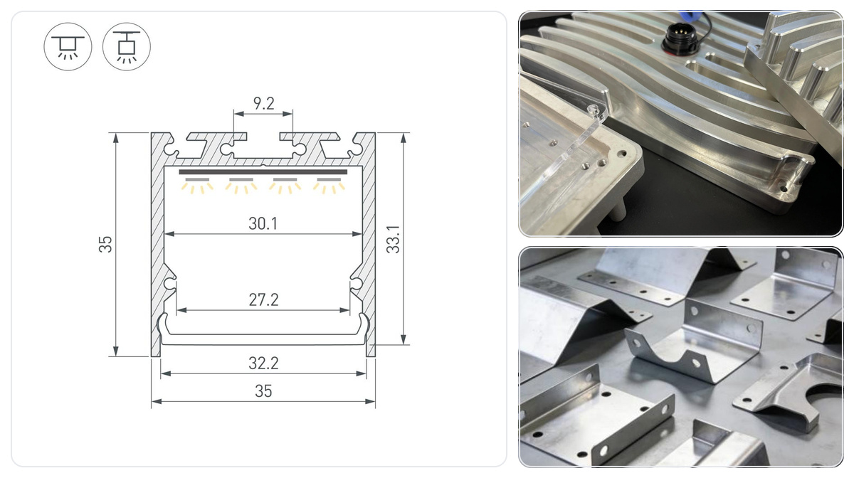 Lighting components: extruded aluminium profiles, machined parts and technical drawing